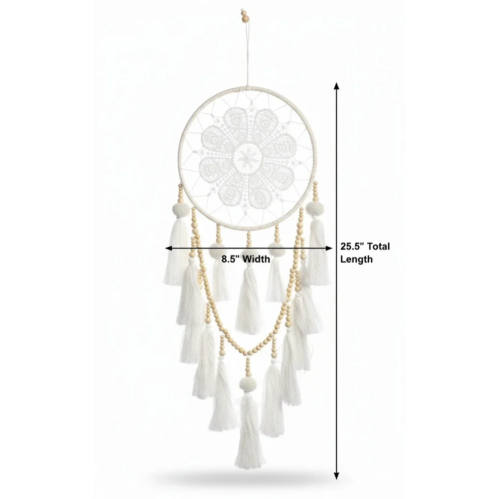 White‎ Boho Dreamcatcher White Lace Flower Tassels Wood Beads Wall Hanging Decor